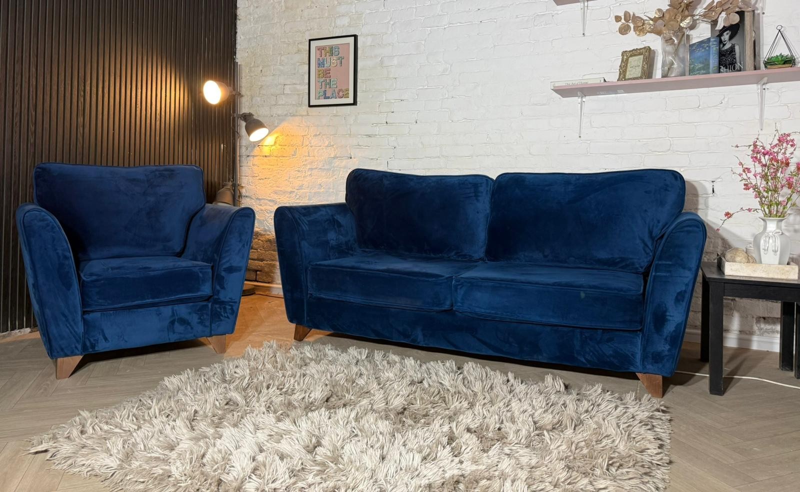 Sofology Blue 3-Seater Sofa & Matching Armchair
