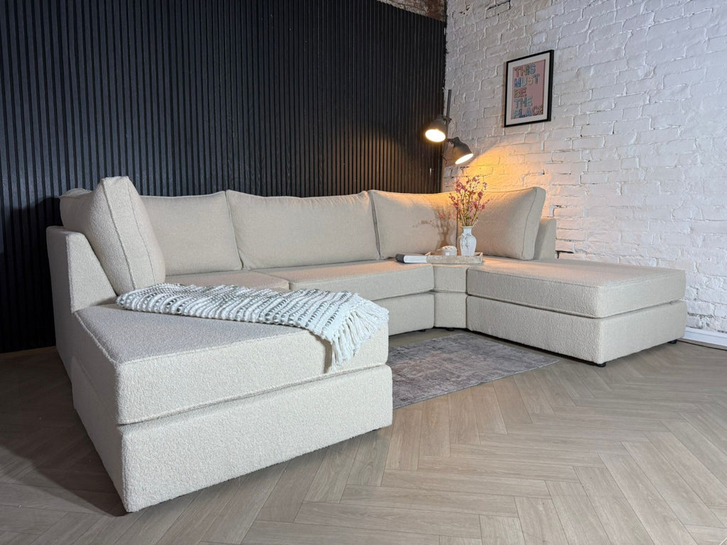 Luxury U-Shaped Sofa in Upgraded Teddy Bouclé Fabric + Footstool 🛋️