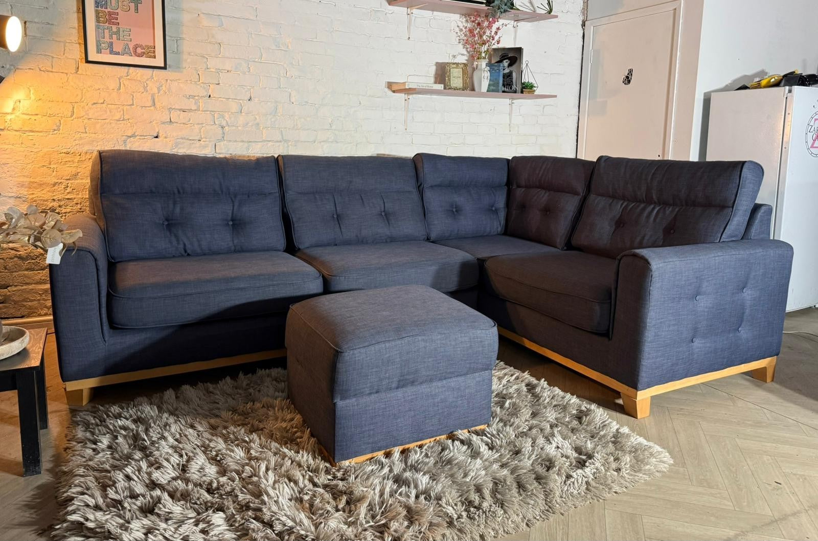 RRP £1,899 – Sofology Blue Corner Sofa + Footstool
