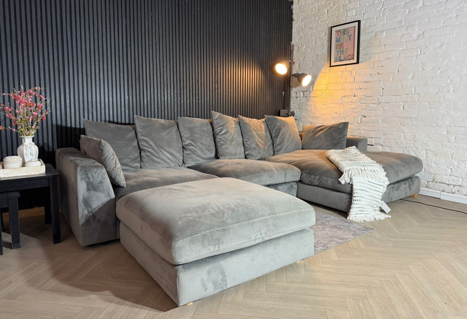 DFS Silver Plush Corner Sofa + Matching Footstool