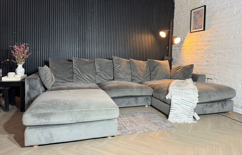 DFS Silver Plush Corner Sofa + Matching Footstool