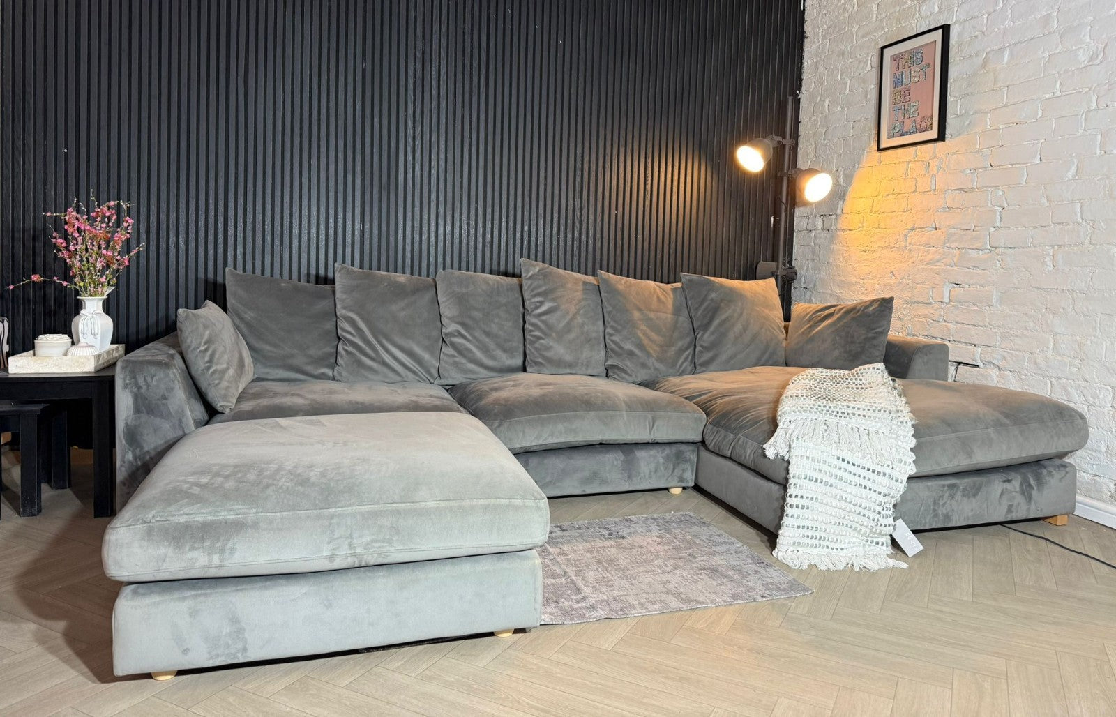 DFS Silver Plush Corner Sofa + Matching Footstool