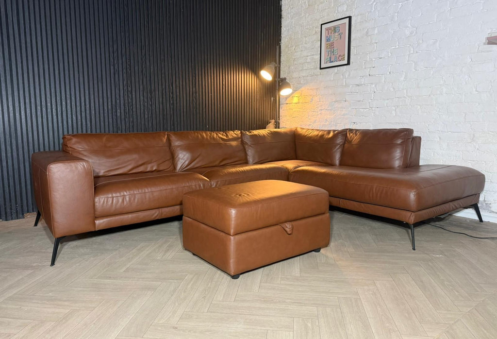 DFS Lexia Tan/Brown Leather Corner Sofa with Matching Footstool