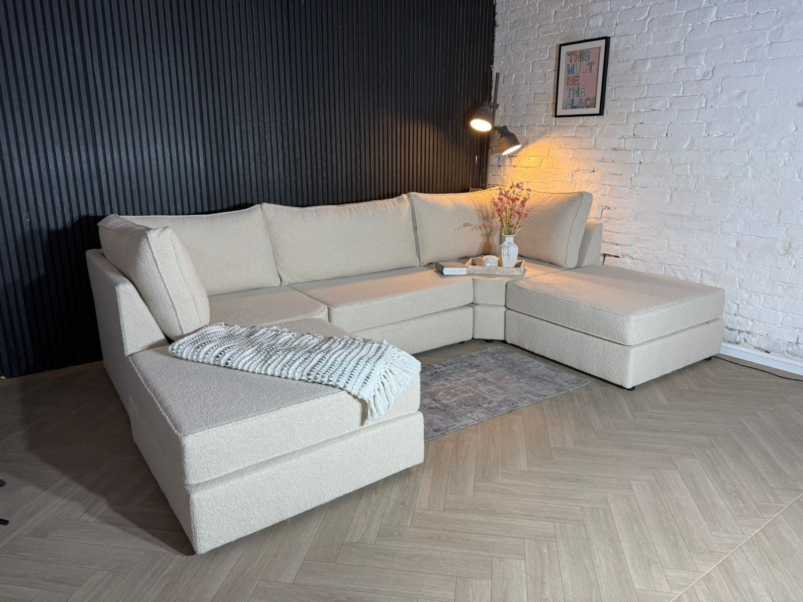 Luxury U-Shaped Sofa in Upgraded Teddy Bouclé Fabric + Footstool 🛋️
