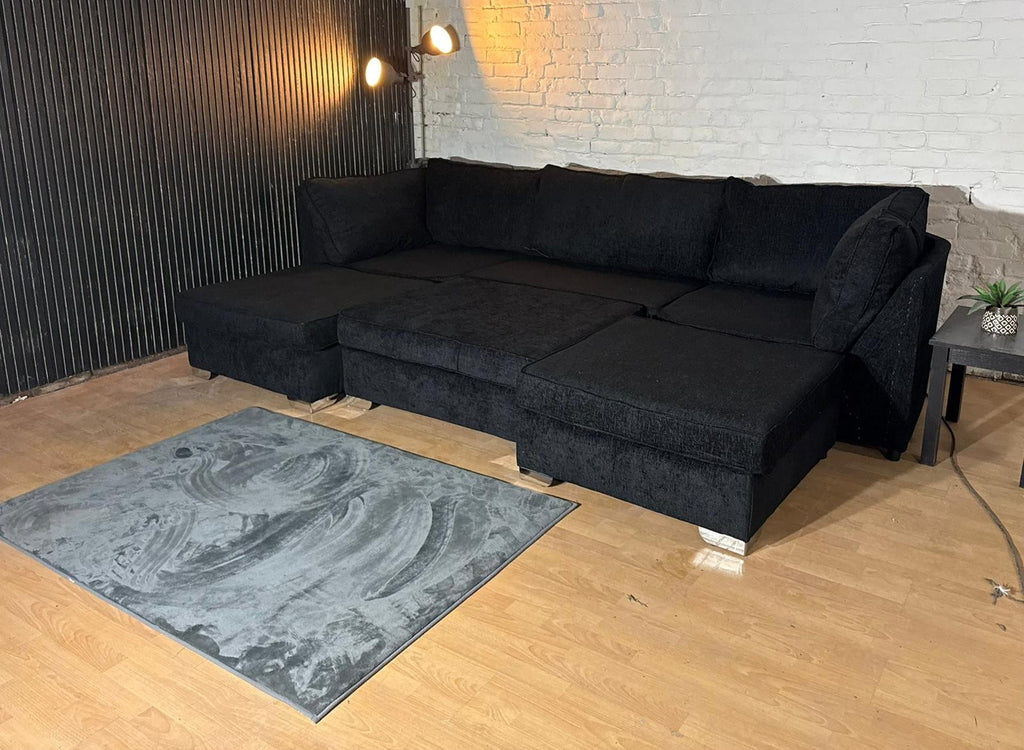 Brand New Black Chenille U-Shaped Corner Sofa – Cinema Style