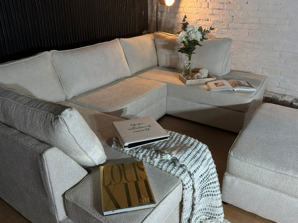 Luxury Bouclé U-Shape Sofa with Footstool – Cream