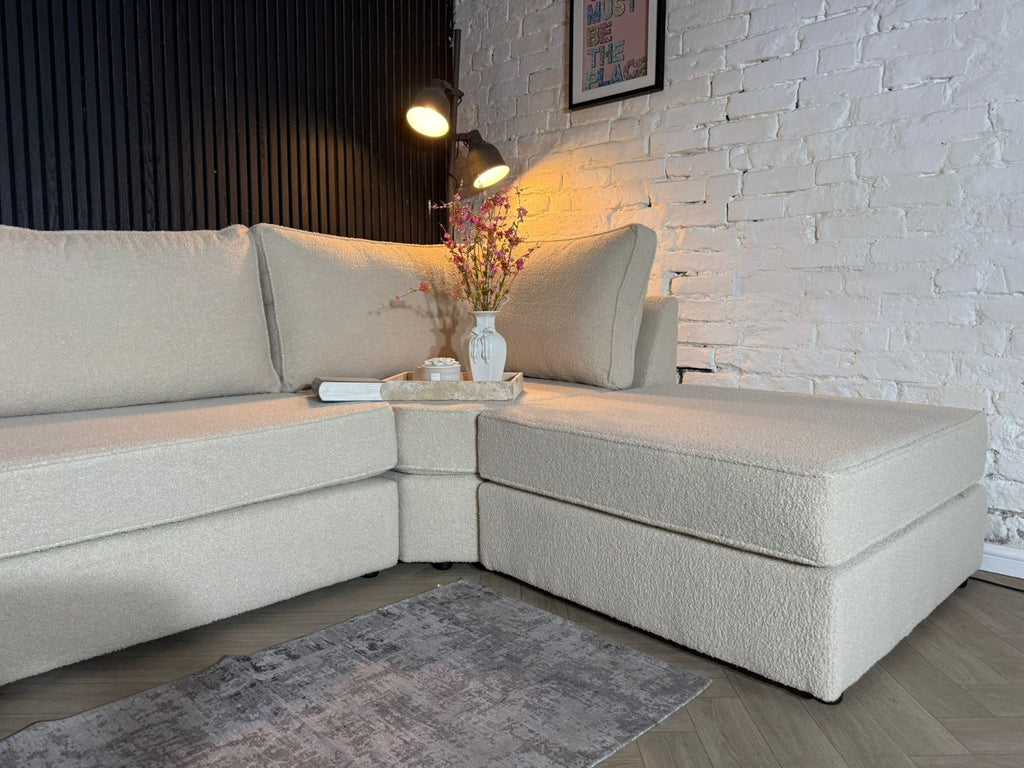 Luxury U-Shaped Sofa in Upgraded Teddy Bouclé Fabric + Footstool 🛋️