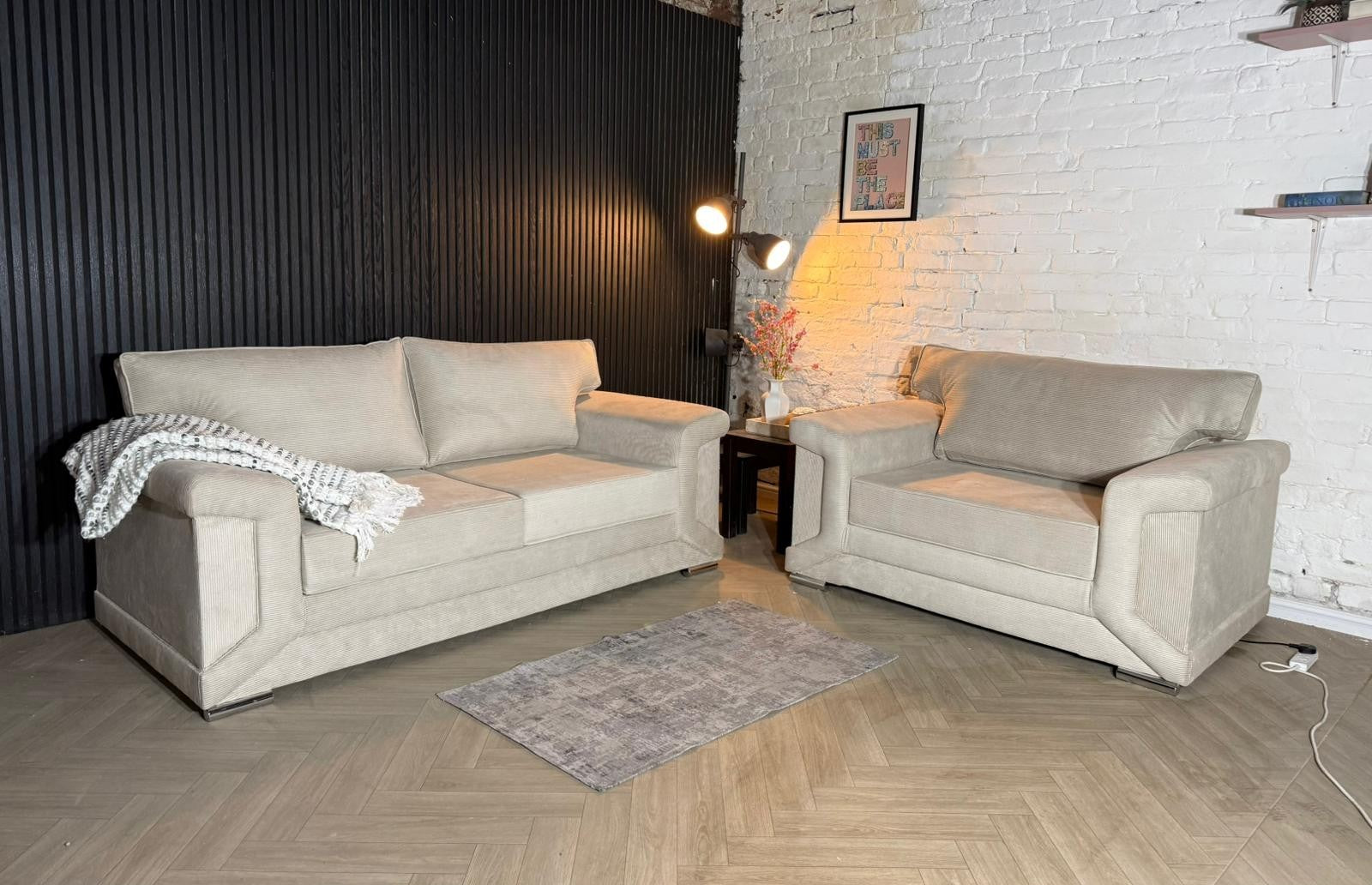3 Seater Sofa + Armchair Set – Cream Fabric