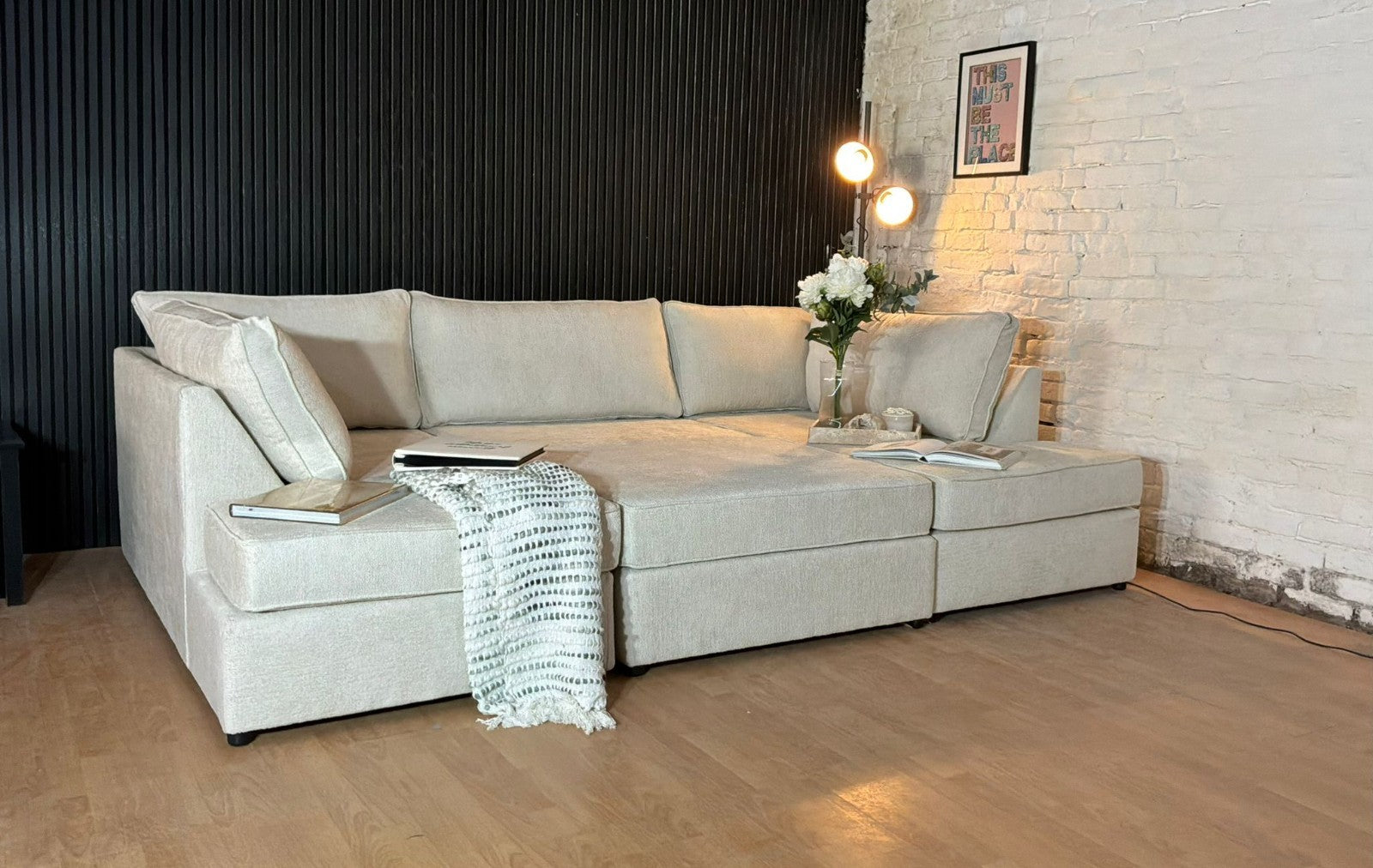 Luxury Bouclé U-Shape Sofa with Footstool – Cream