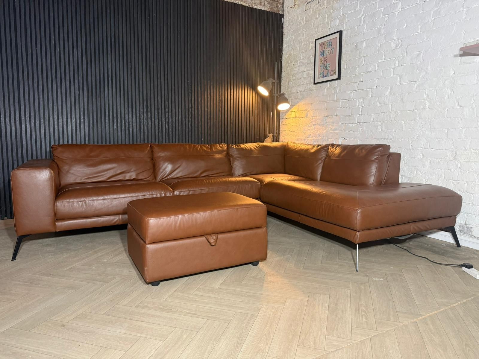 DFS Lexia Tan/Brown Leather Corner Sofa with Matching Footstool