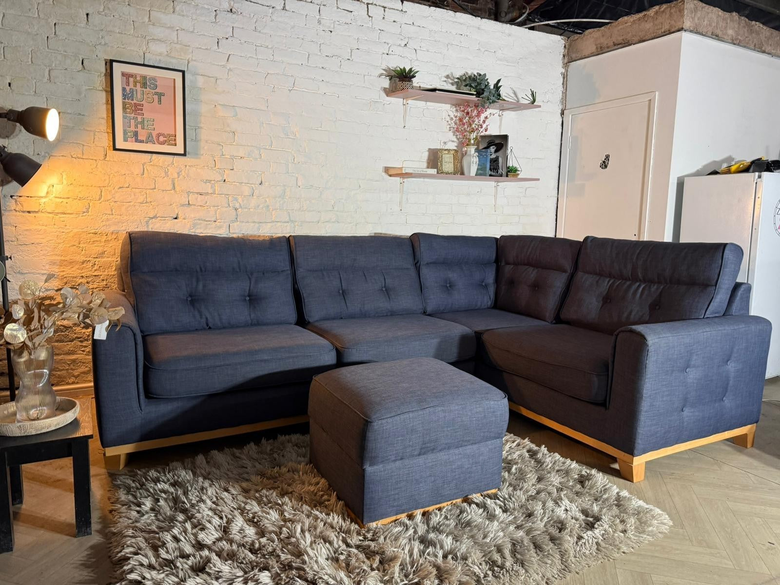RRP £1,899 – Sofology Blue Corner Sofa + Footstool