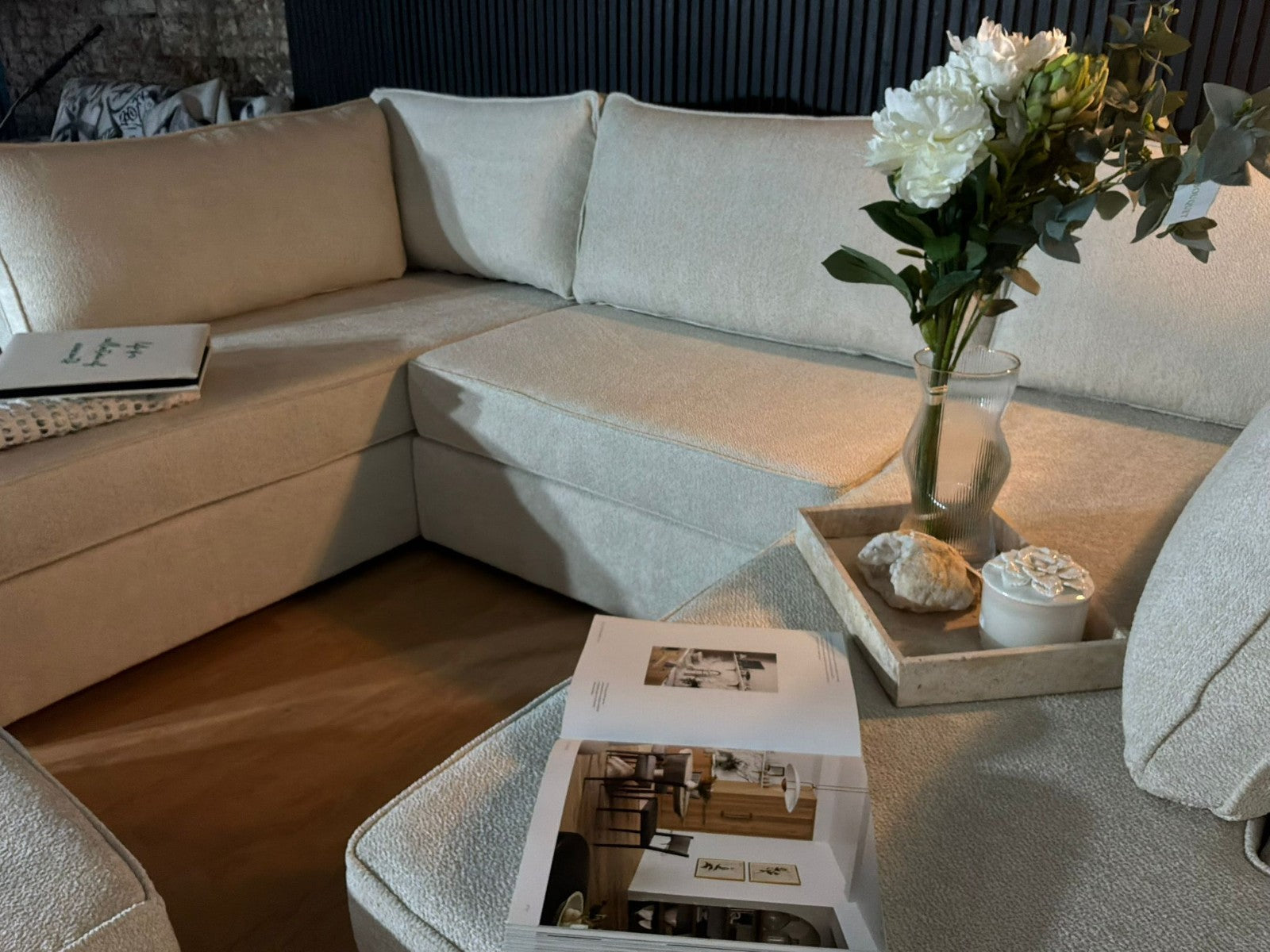 Luxury Bouclé U-Shape Sofa with Footstool – Cream