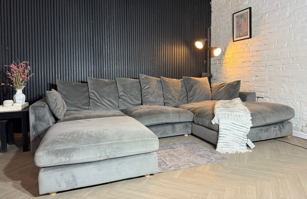 DFS Silver Plush Corner Sofa + Matching Footstool