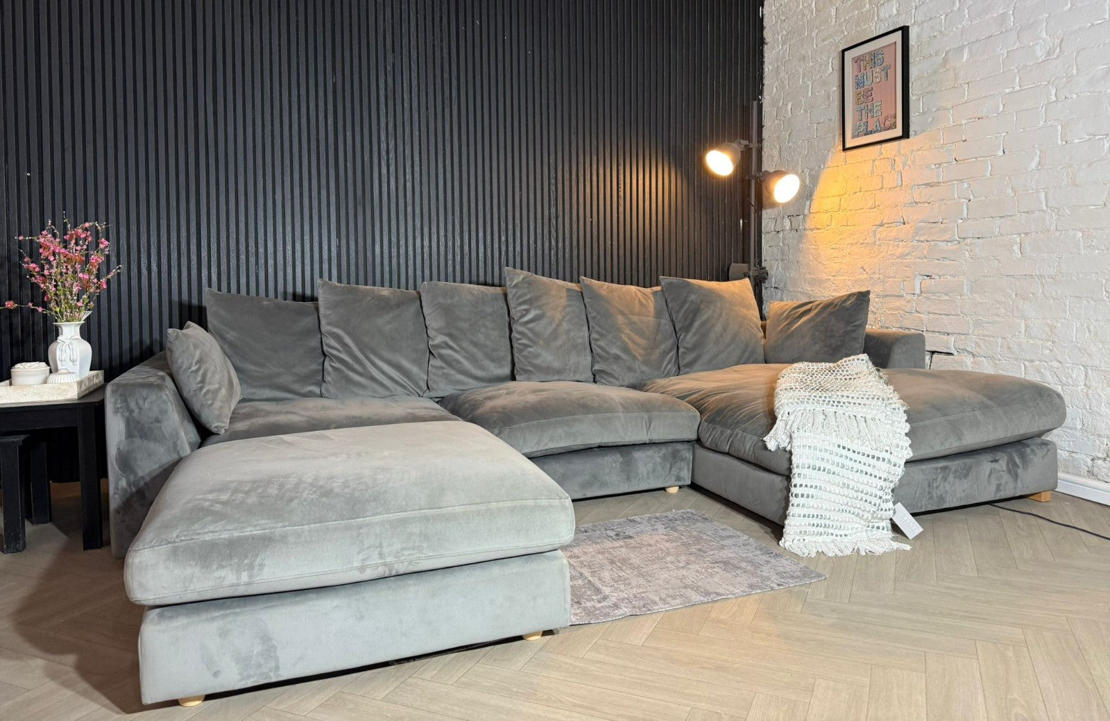 DFS Silver Plush Corner Sofa + Matching Footstool