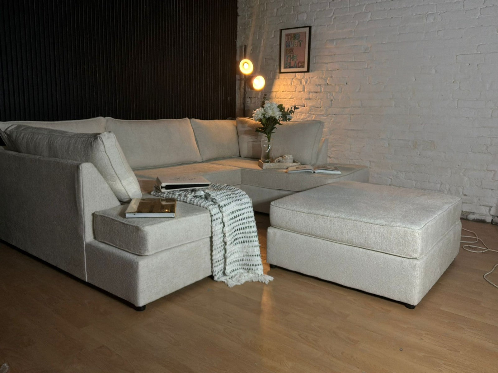 Luxury Bouclé U-Shape Sofa with Footstool – Cream