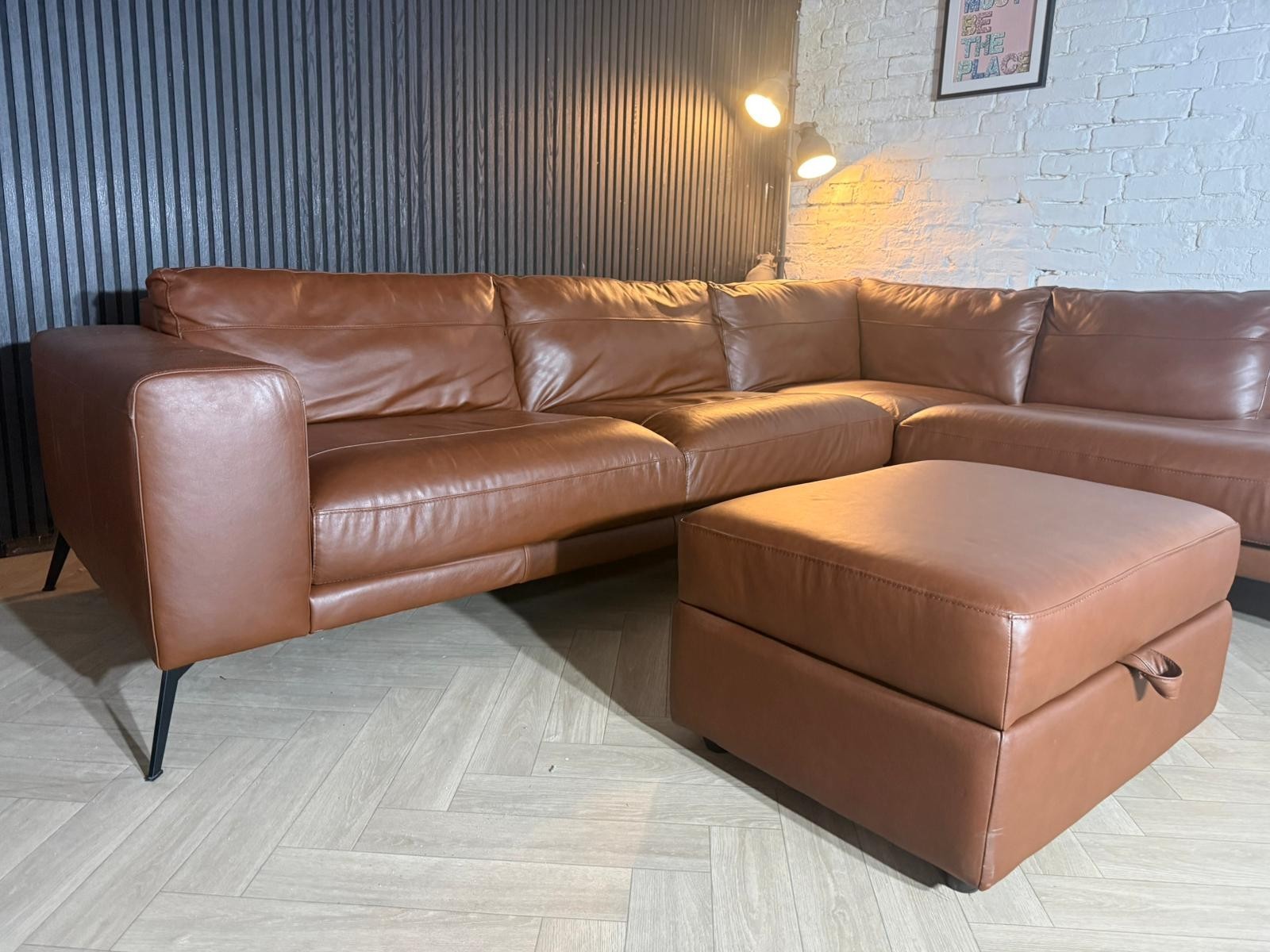 DFS Lexia Tan/Brown Leather Corner Sofa with Matching Footstool