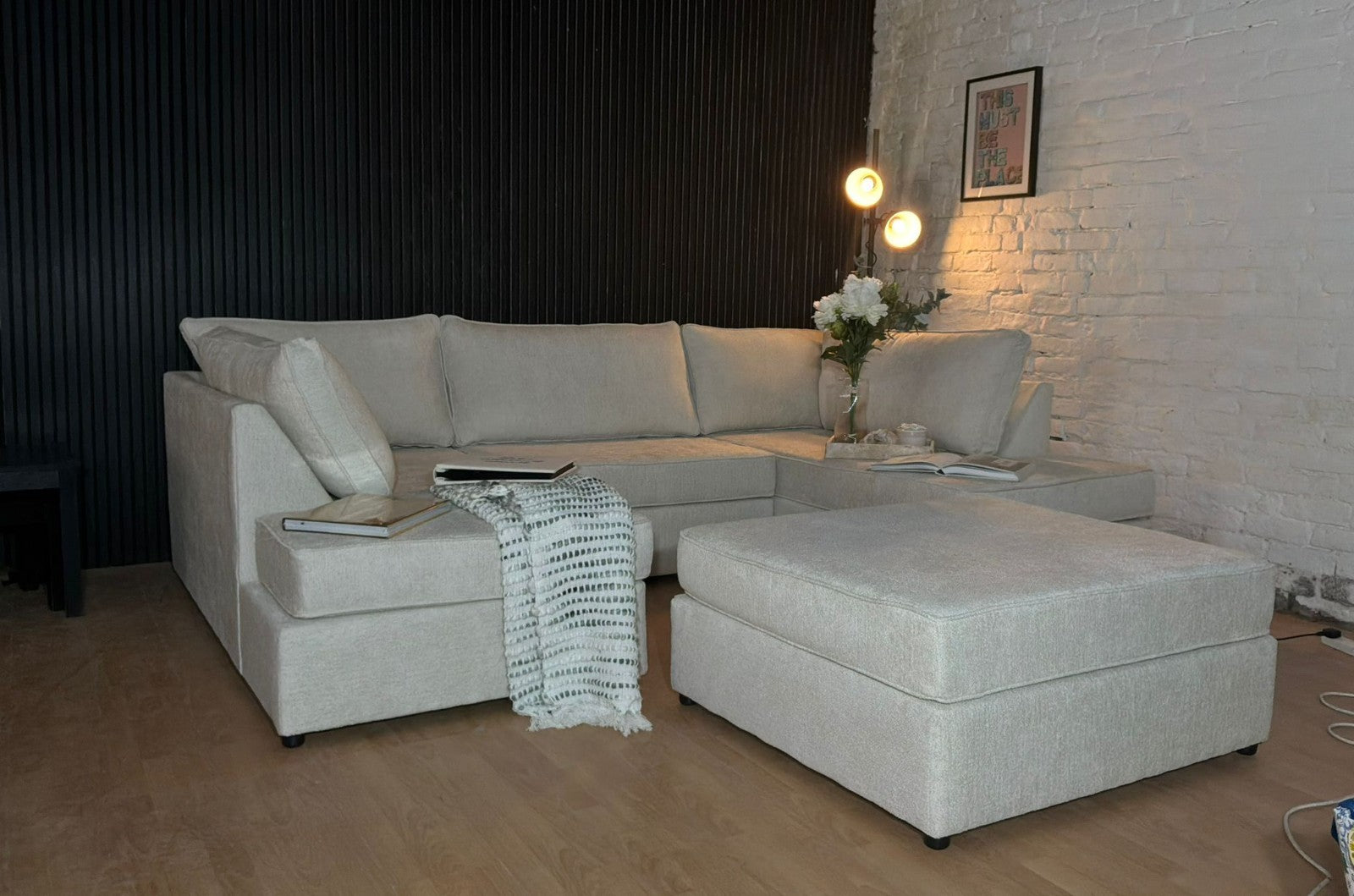 Luxury Bouclé U-Shape Sofa with Footstool – Cream