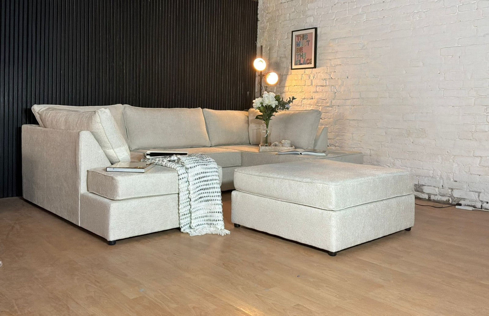 Luxury Bouclé U-Shape Sofa with Footstool – Cream