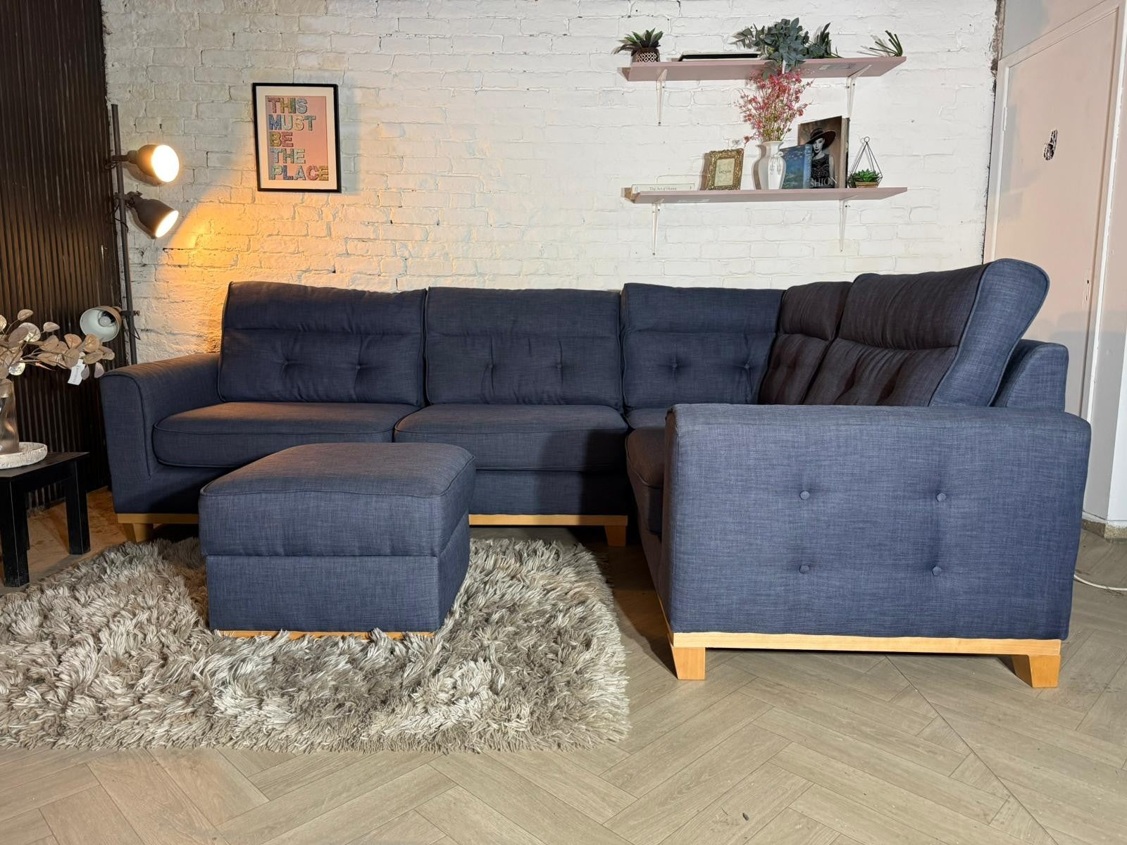 RRP £1,899 – Sofology Blue Corner Sofa + Footstool