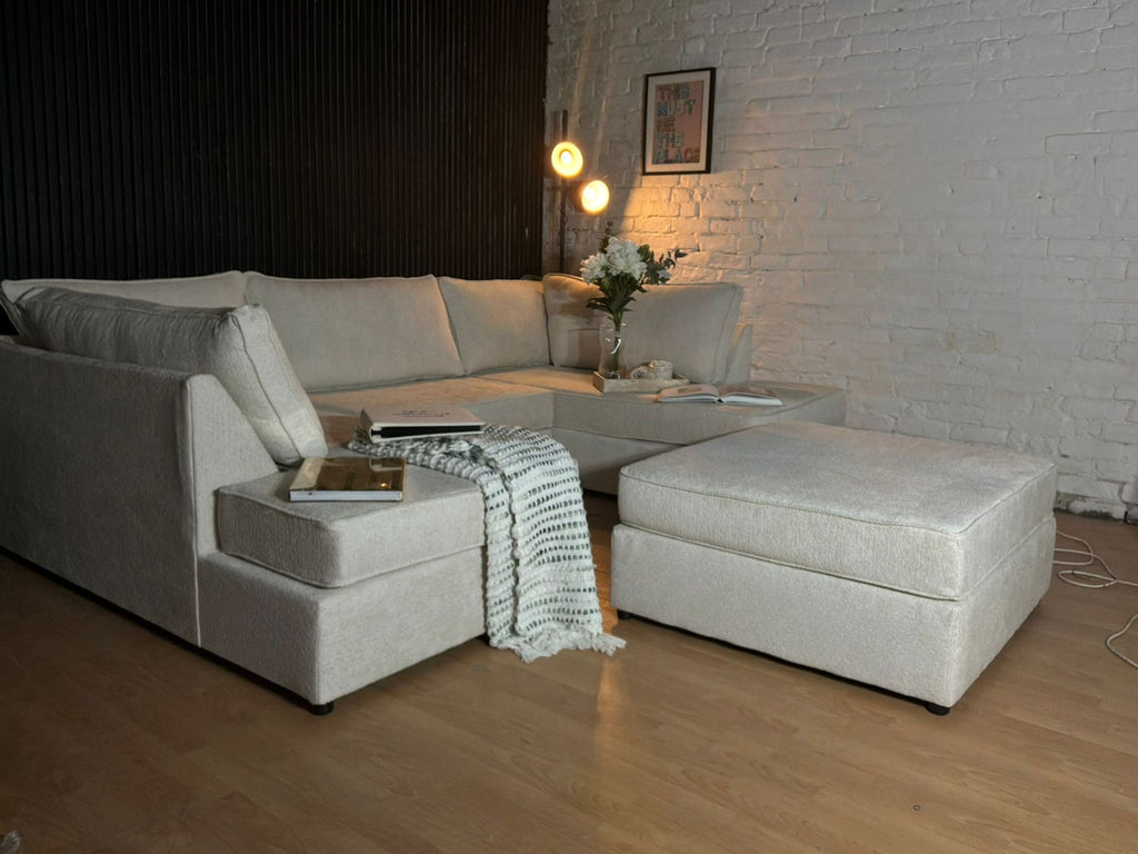 Luxury Bouclé U-Shape Sofa with Footstool – Cream