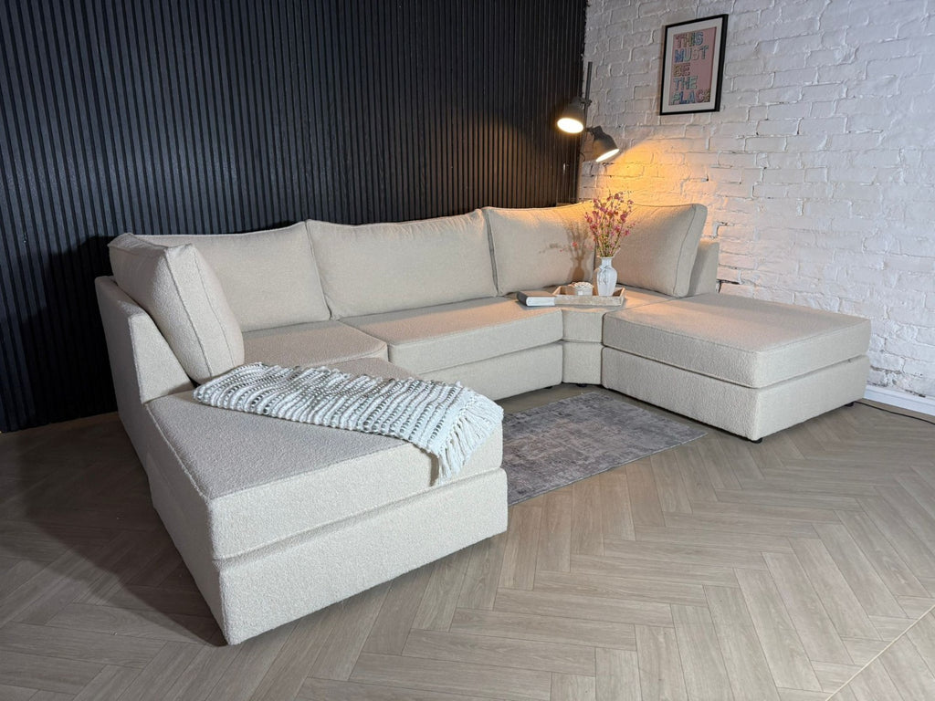 Luxury U-Shaped Sofa in Upgraded Teddy Bouclé Fabric + Footstool 🛋️