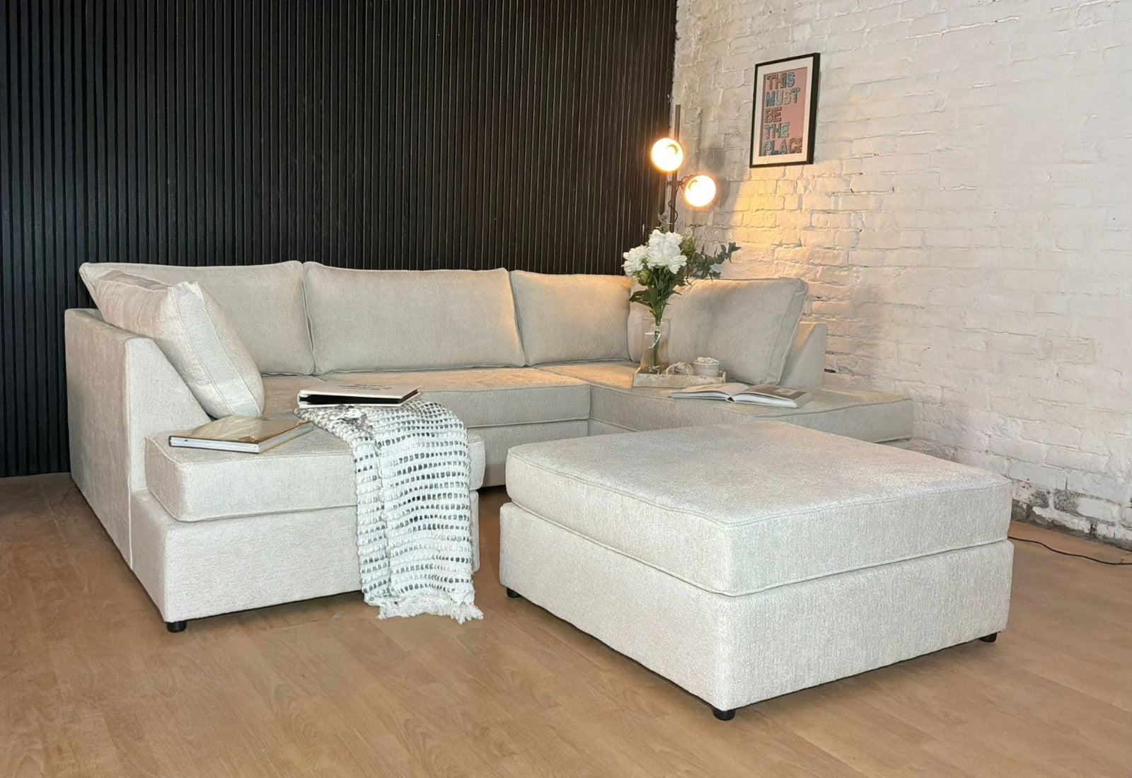 Luxury Bouclé U-Shape Sofa with Footstool – Cream