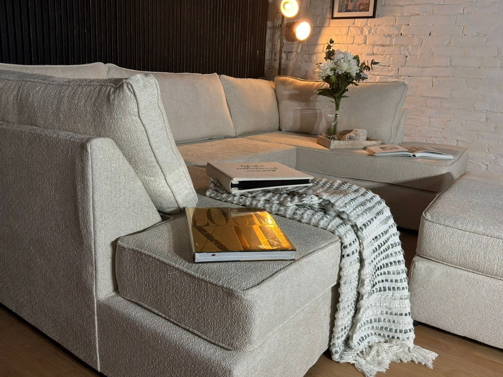 Luxury Bouclé U-Shape Sofa with Footstool – Cream