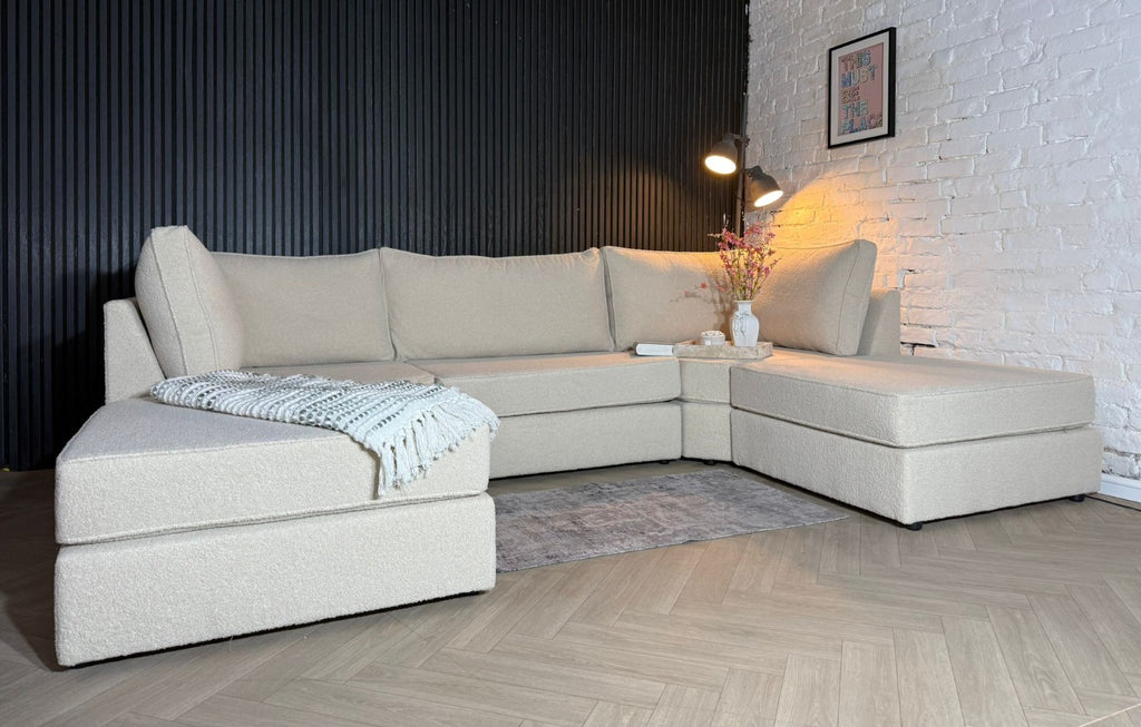 Luxury U-Shaped Sofa in Upgraded Teddy Bouclé Fabric + Footstool 🛋️