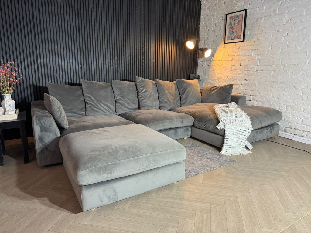 DFS Silver Plush Corner Sofa + Matching Footstool