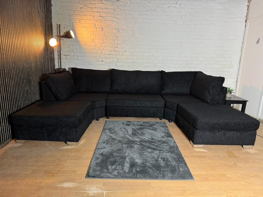 Brand New Black Chenille U-Shaped Corner Sofa – Cinema Style