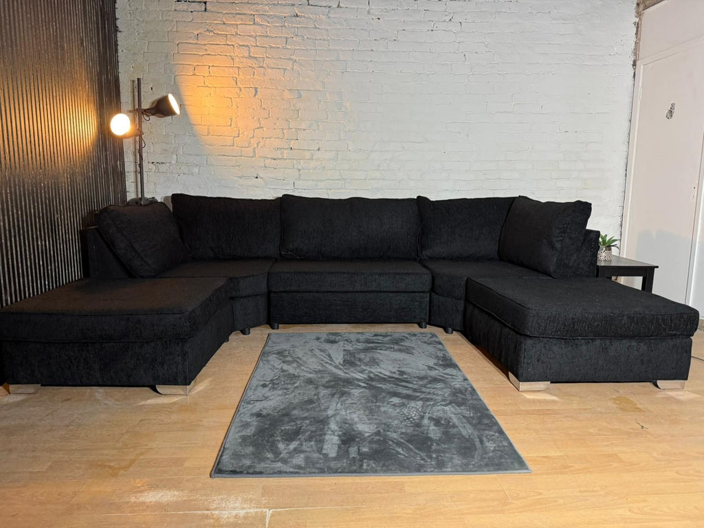 Brand New Black Chenille U-Shaped Corner Sofa – Cinema Style